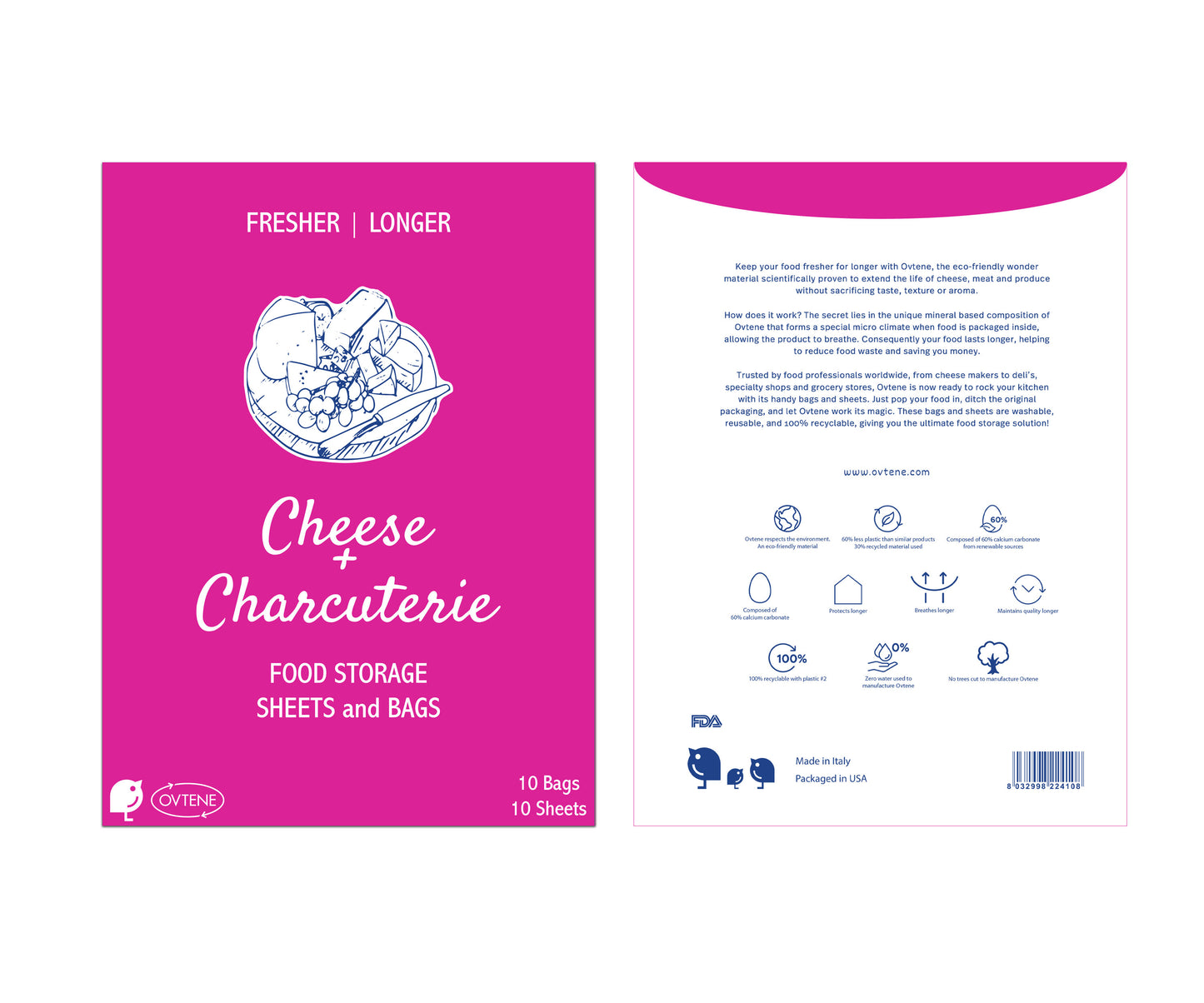 OVTENE Food Storage Sheets and Bags for Cheese + Charcuterie | Keeps cheese and meat fresher, longer (10 sheets,10 small bags) Made in Italy